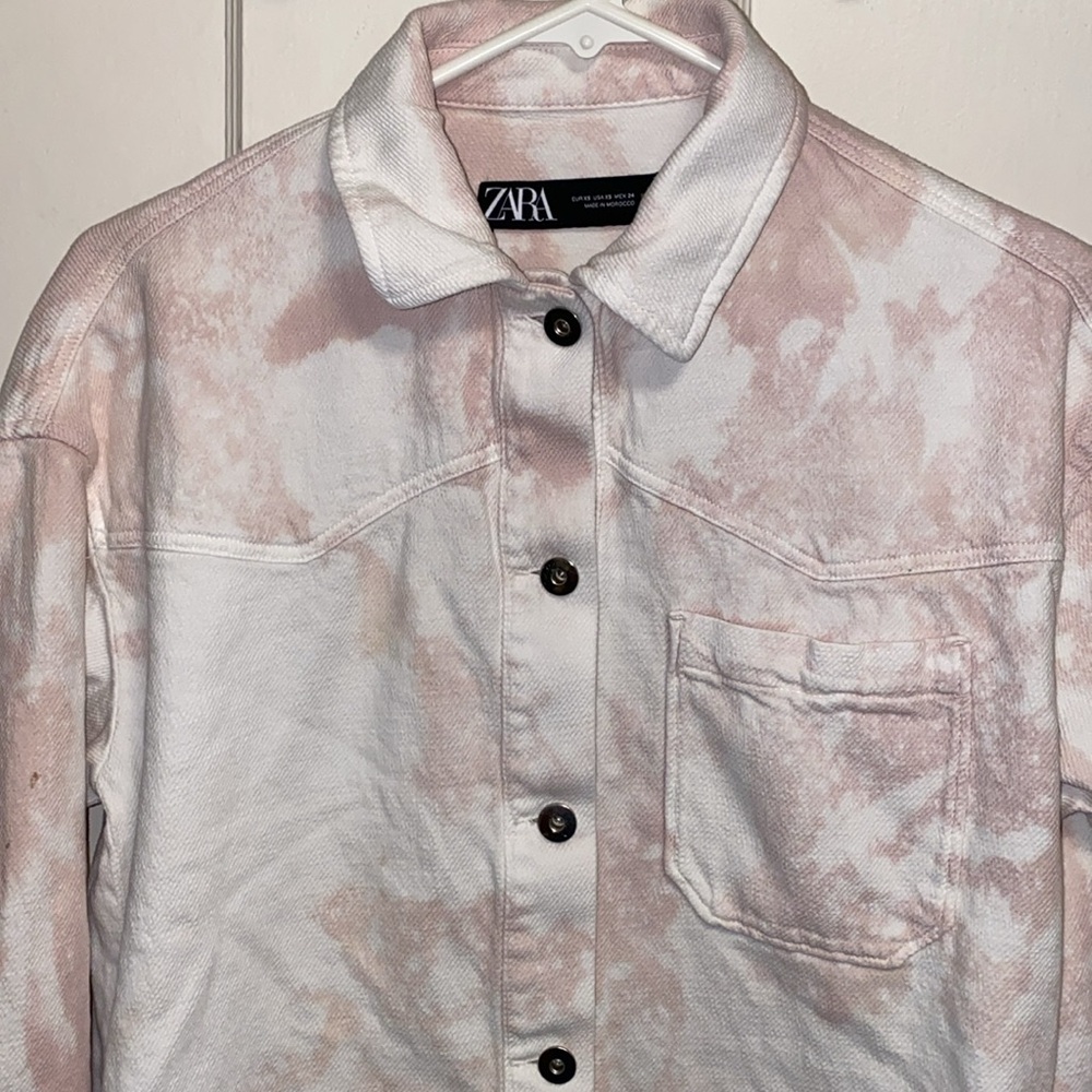 Zara XS Pink White Bleach Dye Button Up Denim Shirt - Picture 4 of 11